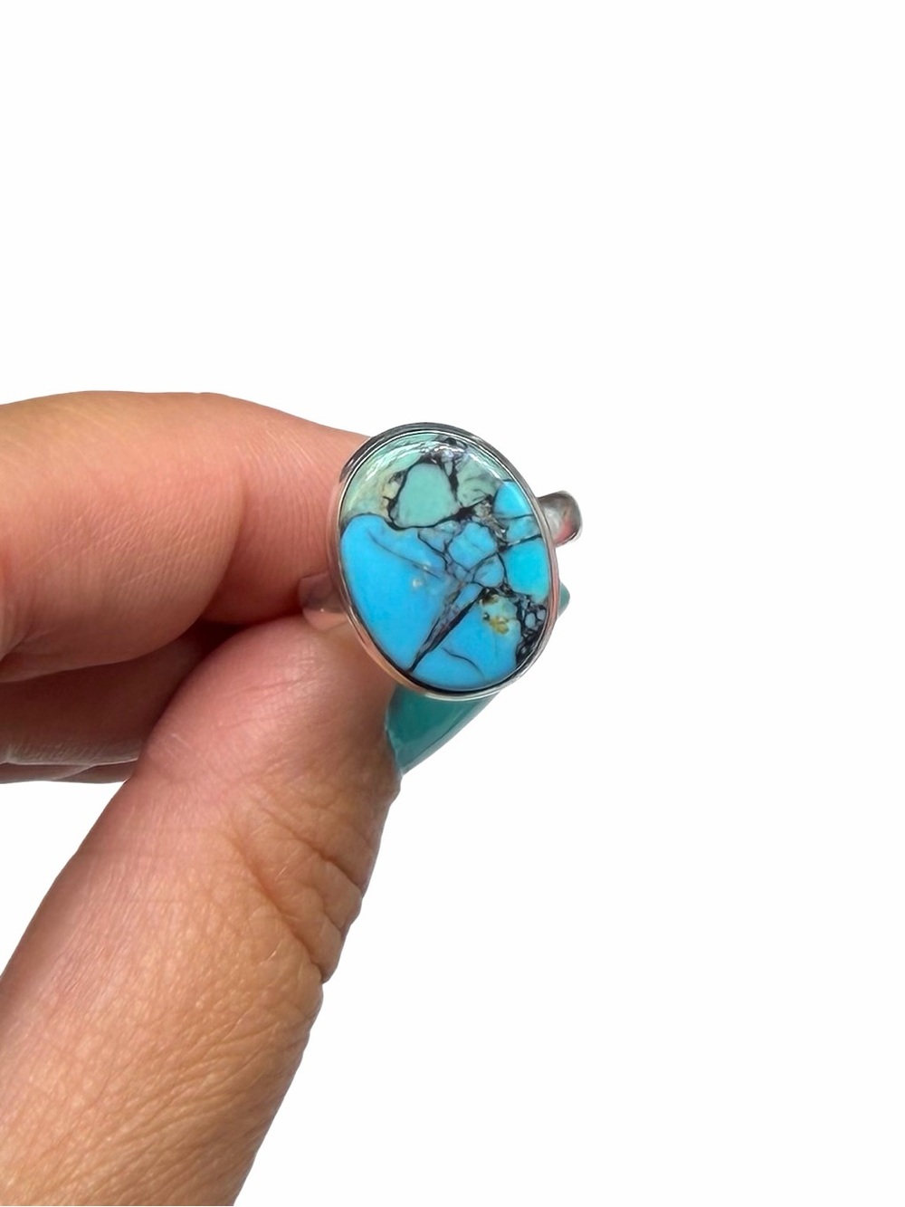 Tibetan Turquoise Ring Size 6 925 Sterling Silver Plated - Picture 3 of 4